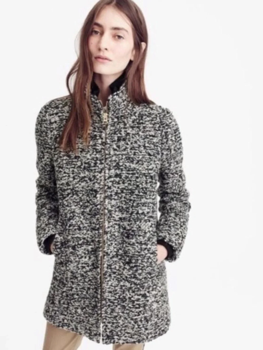J.Crew Lodge Coat in Speckled Bouclé luxury Italian Wool Black White Size 10 - Picture 2 of 10